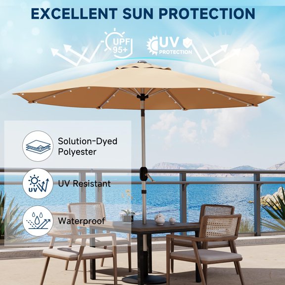 UPHYB 10FT 40 Solar Lighted Patio Umbrella, Fade-Resistant Outdoor Market Table Umbrella with Push Button Tilt Function, 8 Sturdy All-Aluminum Ribs for Gardens, Decks, Backyards & Pools (Beige)