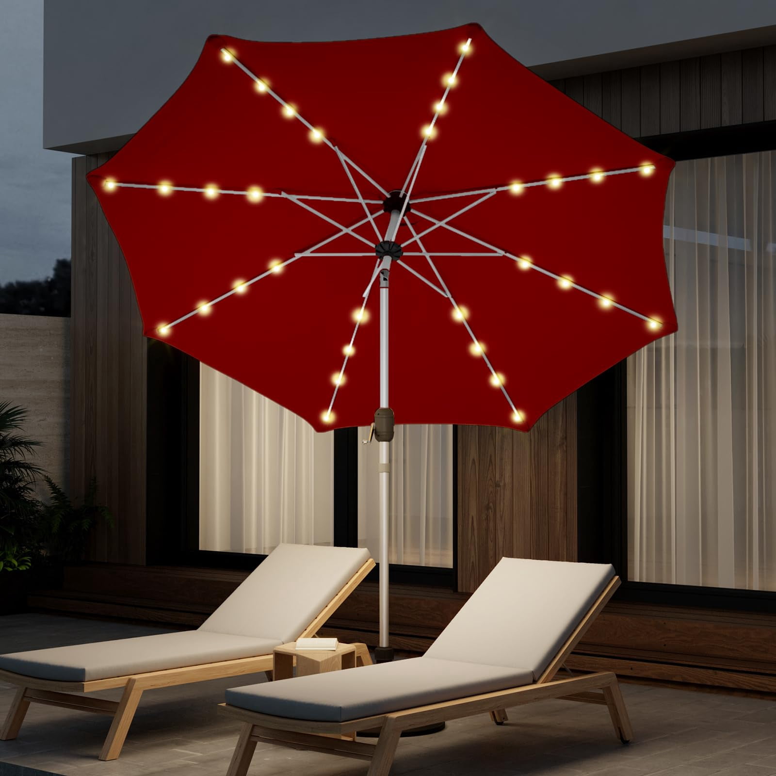 UPHYB 10FT 40 Solar Lighted Patio Umbrella, Fade-Resistant Outdoor Market Table Umbrella with Push Button Tilt Function, 8 Sturdy All-Aluminum Ribs for Gardens, Decks, Backyards & Pools (Burgundy)