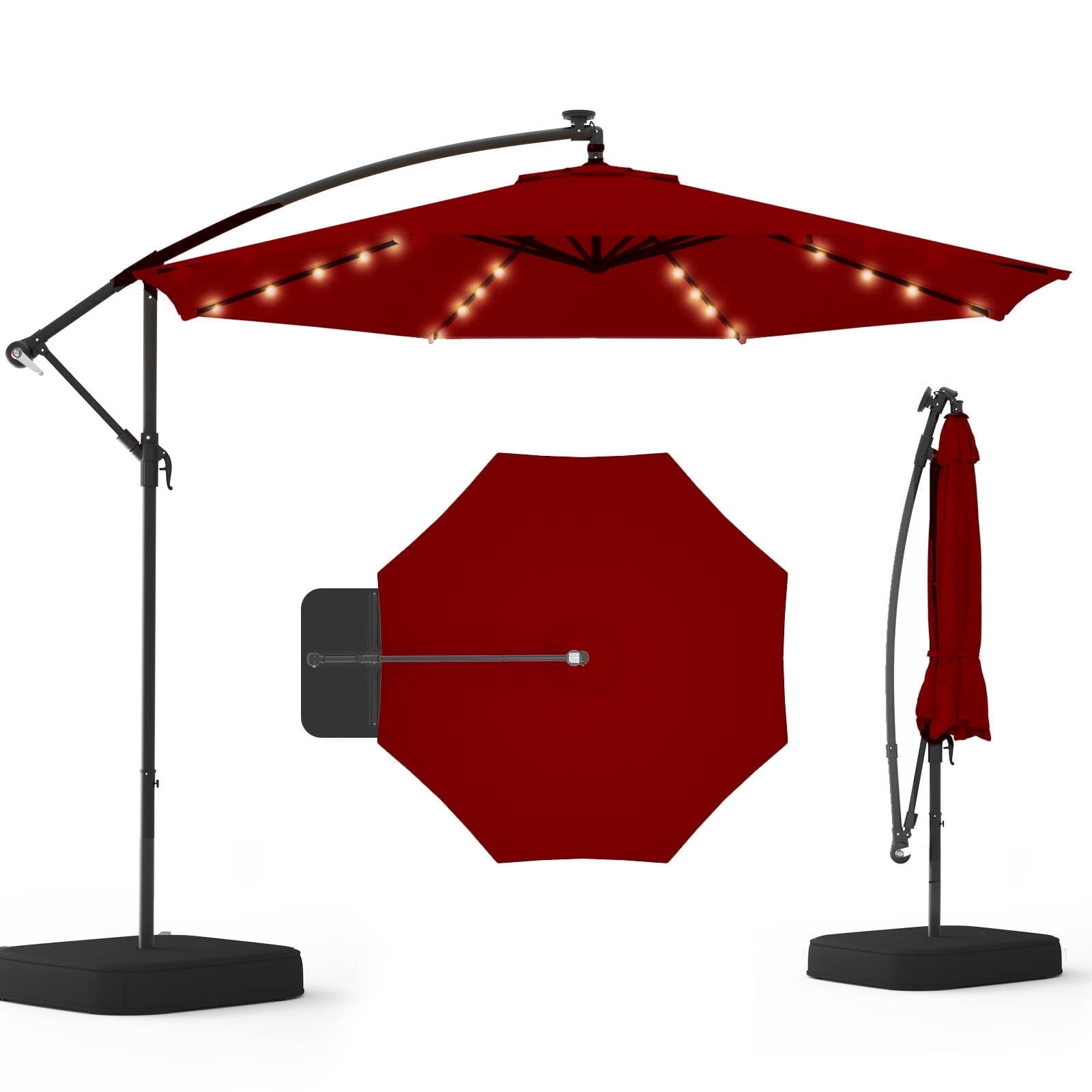 UPHYB 10ft 40 LED Solar Lighted Patio Umbrella with Base Included, Infinite Tilt, Outdoor Offset Cantilever Umbrella, UV Protection for Backyard, Lawn, Garden & Pool, Burgundy