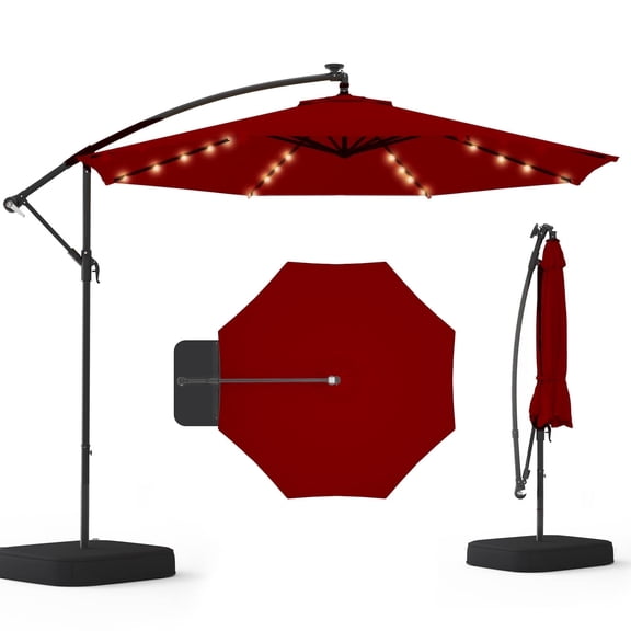 UPHYB 10ft 40 LED Solar Lighted Patio Umbrella with Base Included, Infinite Tilt, Outdoor Offset Cantilever Umbrella, UV Protection for Backyard, Lawn, Garden & Pool, Burgundy