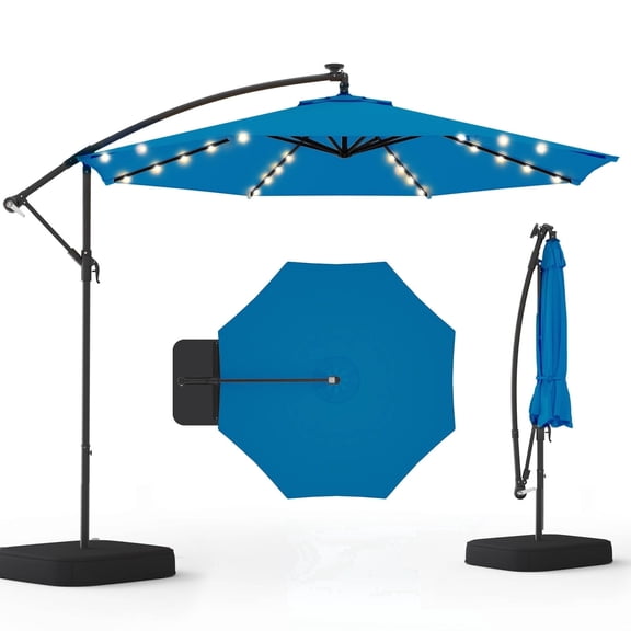 UPHYB 10ft 40 LED Solar Lighted Patio Umbrella with Base Included, Outdoor Offset Cantilever Umbrella, Infinite Tilt, UV Protection for Backyard, Lawn, Garden & Pool, Rolay Blue