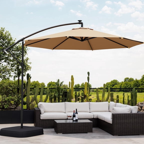 UPHYB 10ft Patio Umbrella with Base Included, Outdoor Offset Cantilever Umbrella, Infinite Tilt, UV Protection for Backyard, Lawn, Garden & Pool, Beige
