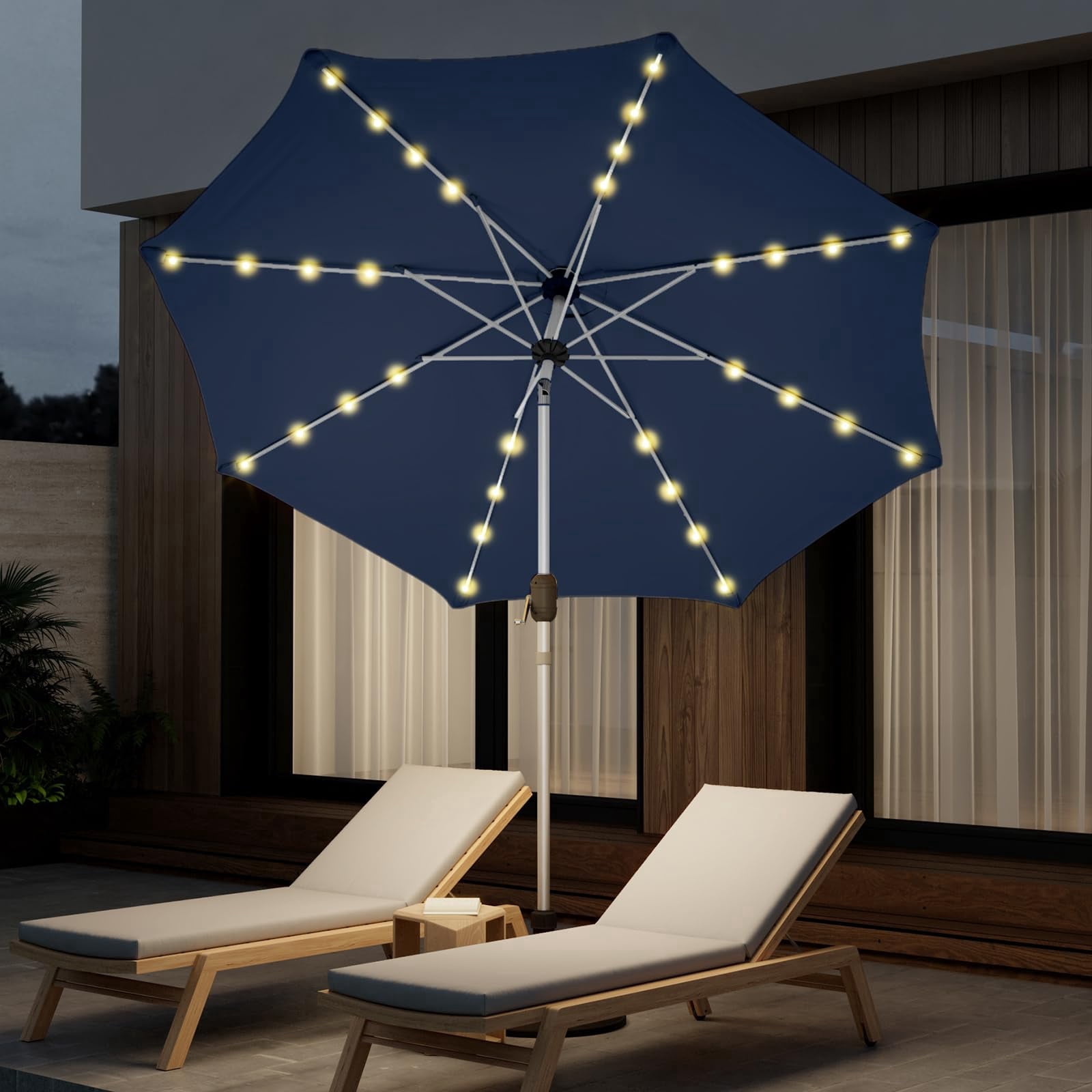UPHYB 9FT 40 Solar Lighted Patio Umbrella, Fade-Resistant Outdoor Market Table Umbrella with Push Button Tilt Function, 8 Sturdy All-Aluminum Ribs for Gardens, Decks, Backyards & Pools (Navy Blue)