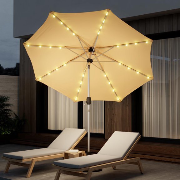 UPHYB 9FT 40 Solar Lighted Patio Umbrella, Fade-Resistant Outdoor Market Table Umbrella with Push Button Tilt Function, 8 Sturdy All-Aluminum Ribs for Gardens, Decks, Backyards & Pools (Beige)