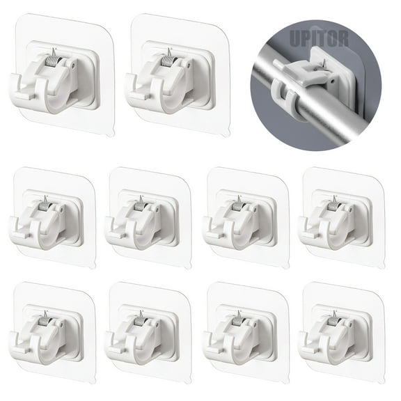 UPITOR 10 Pieces Self Adhesive Curtain Rod Holder - No Drill Drapery Hook Holders Fixing Rod Holder - Curtain Pole Wall Brackets Towel Rod Hooks - Durable Material White