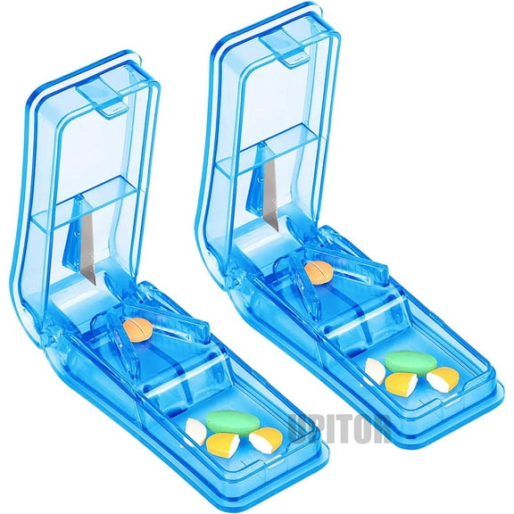 UPITOR 2PCS Pill Cutter for Small Pills with Blade Guard and V-Shaped Design,Safety Medicine Slicer,Medication Vitamin Divider Cutting Drugs,Cutting Cleanly Blue