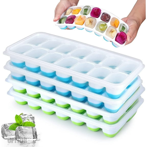 UPITOR Ice Cube Tray,4 Pack Silicone Ice Cube Trays with Removable Lid – Flexible and Effortless Release,Easy-Release Flexible 14-cube Ice Trays for Freezer, Cocktail (2 Blue + 2 Green)