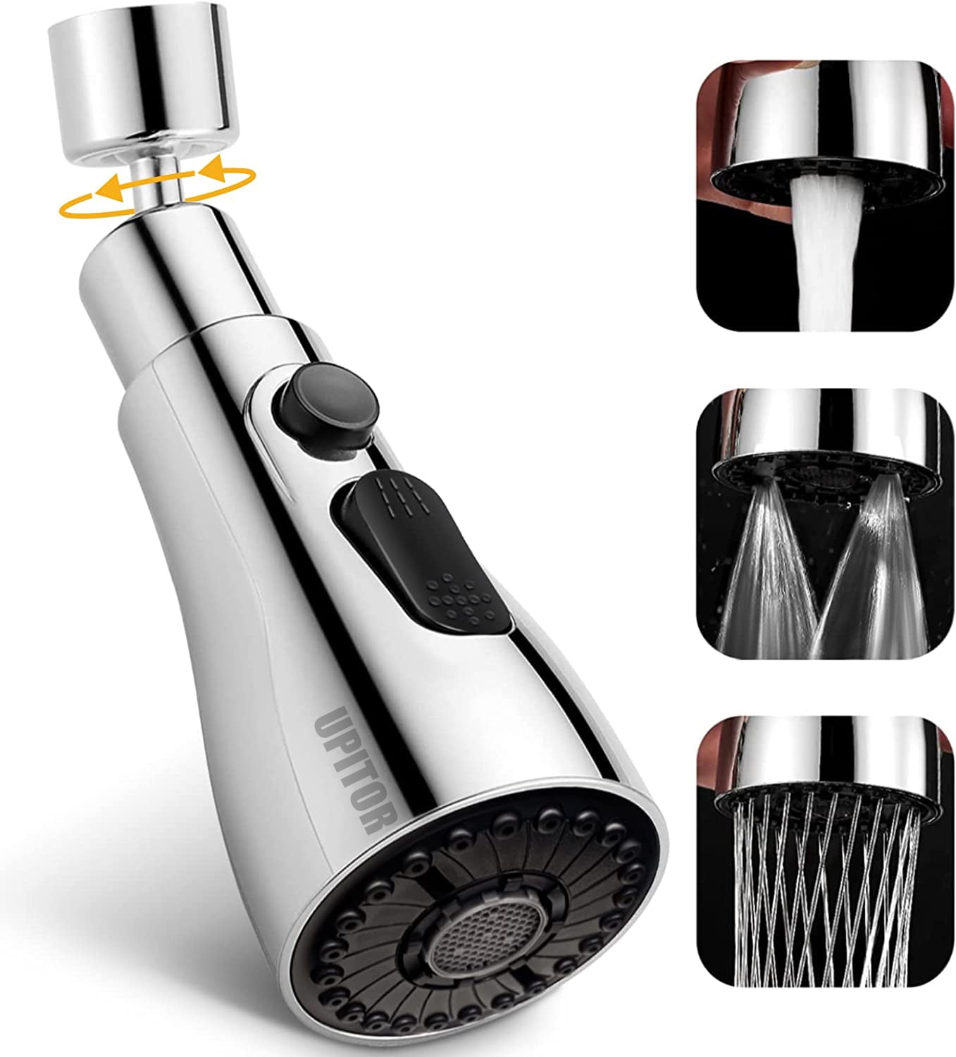 UPITOR Kitchen Faucet Sprayer Head Replacement with 720 Rotating, Three Function Pull Down Spray Head, G1/2 Connector