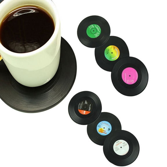 UPKOCH 6Pcs Black Record Disk Coasters for Home with Anti Slip Backing