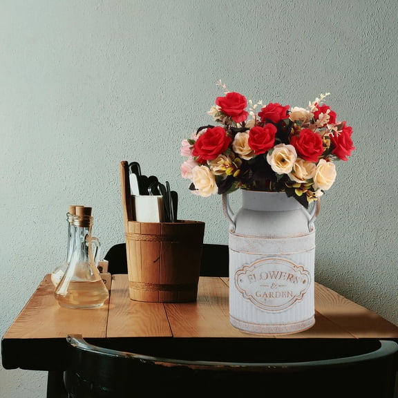 UPKOCH Blue Galvanized Metal Flower Bucket with Handle for Home Decor and Flower Arrangement 6.5 x 6.5 x 7.5 Inches