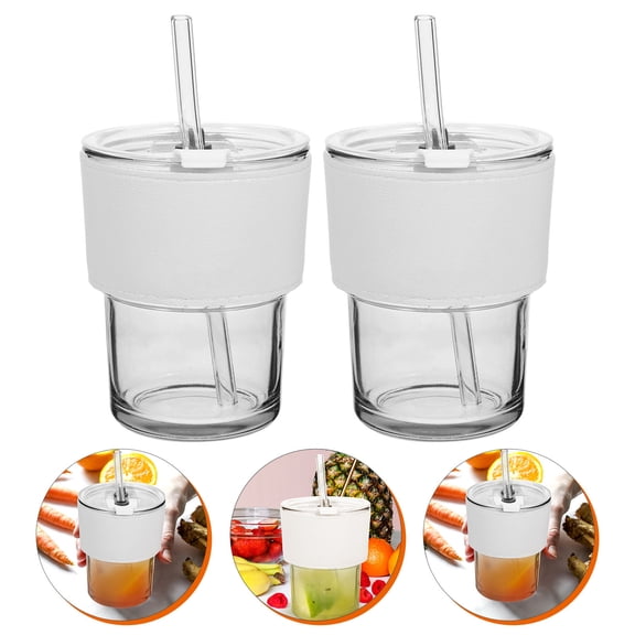 UPKOCH White Glass Cup with Lid and Straw for Drinking Juice and Coffee and Easy to Clean 2Pcs