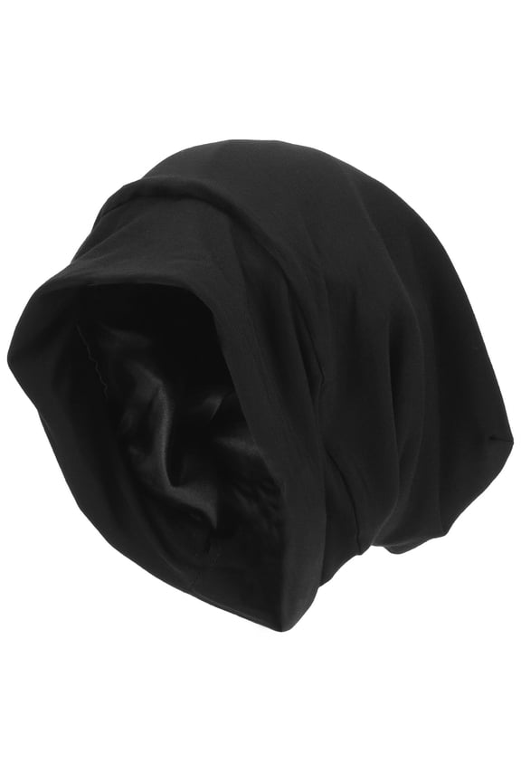 Women's Comfortable Satin Sleeping Hat 2pcs Elastic Smooth Bonnet for Hair Care Makeup and Spa Black