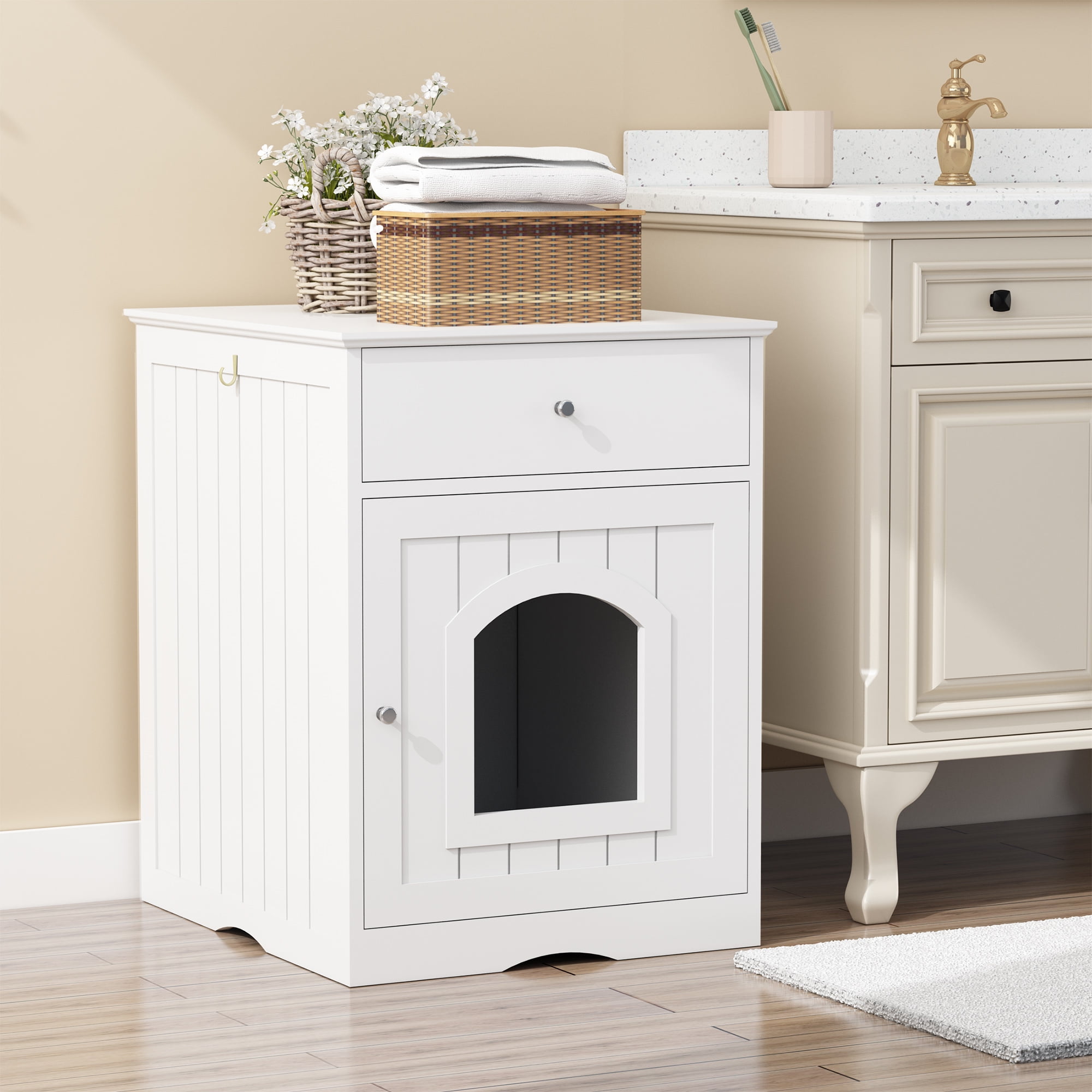 UPLLX Cat Litter Box Enclosure with Drawer, Wooden Hidden Cat House Side Table Indoor White