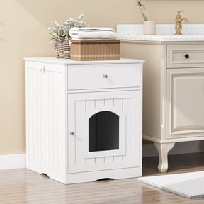 UPLLX Cat Litter Box Enclosure with Drawer, Wooden Hidden Cat House Side Table Indoor White