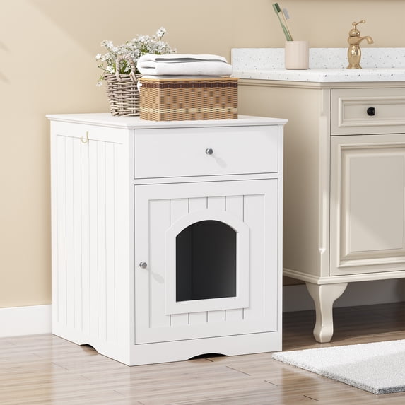 UPLLX Cat Litter Box Enclosure with Drawer, Wooden Hidden Cat House Side Table Indoor White
