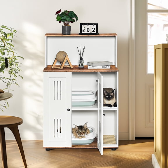 UPLLX Double Cat Litter Box Enclosure – Hidden Cat Furniture for 2 Cats & Side Cabinet