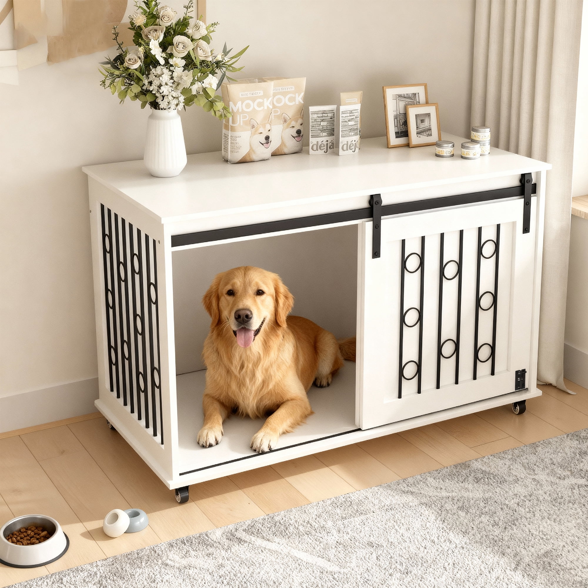UPLLX Wooden Dog Crate Furniture with Sliding Door, Indoor Kennel End Table, White