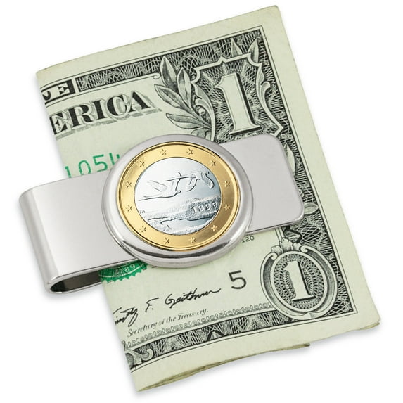 UPM Global LLC 12554 Finland Swan One Euro Coin Silvertone Money Clip