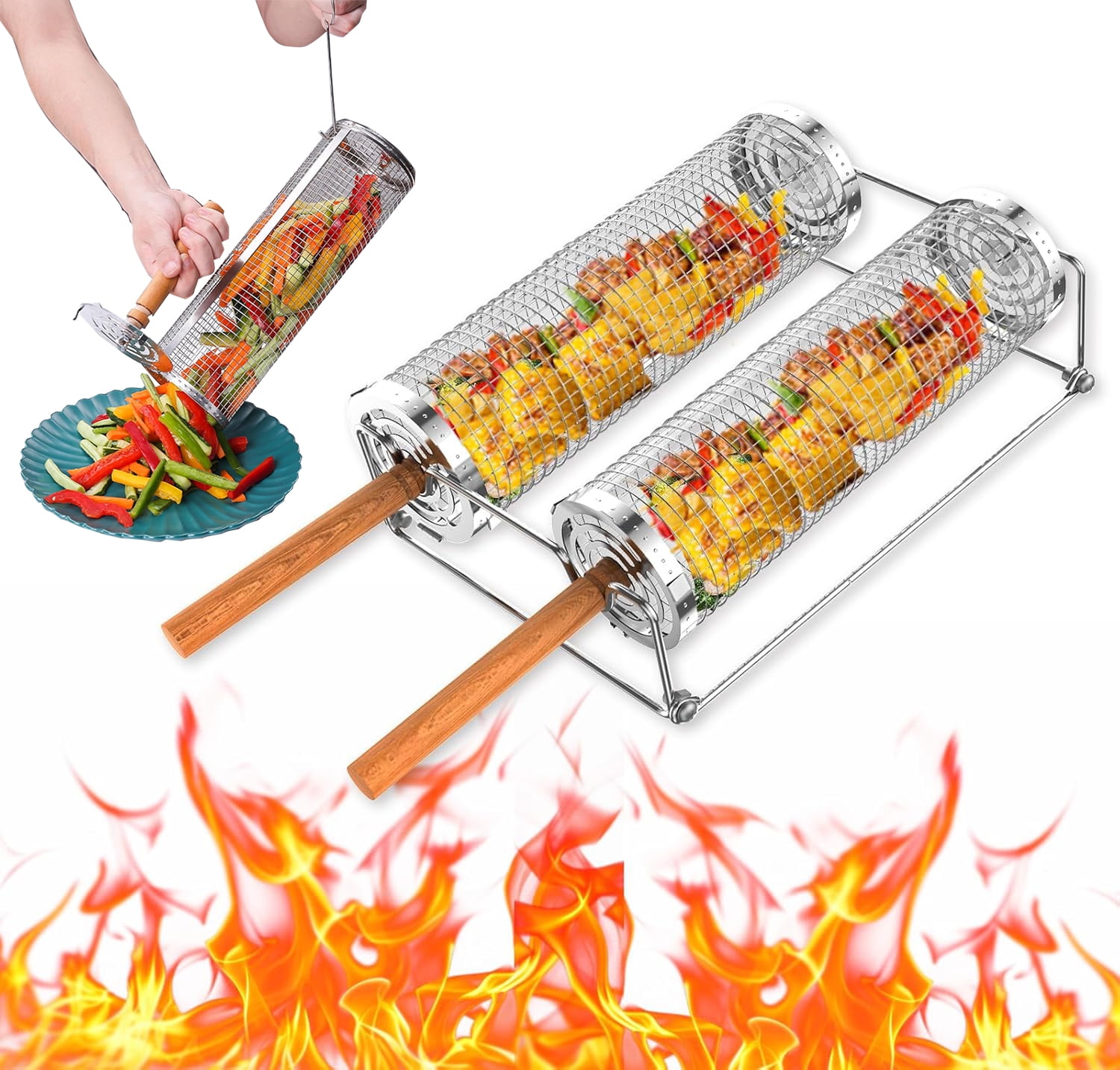 UPMORE 2 PACK Rolling Grilling Net Nesting Grill Baskets Removable Wooden Handle, 304 Stainless Steel, , BBQ Accessories Tools for Vegetables Shrimp, Outdoor Cooking Camping