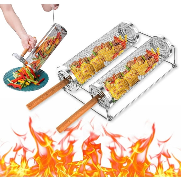 UPMORE 2 PACK Rolling Grilling Net Nesting Grill Baskets Removable Wooden Handle, 304 Stainless Steel, , BBQ Accessories Tools for Vegetables Shrimp, Outdoor Cooking Camping