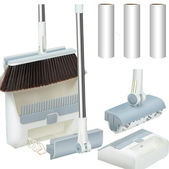 UPMORE Broom and Dustpan Combo Set with 4 Pack Pet Hair Removal Roller Household Cleaning Supplies Brooms And Dustpan Combo Set For Home Office