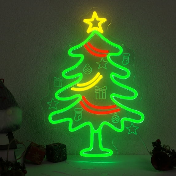 UPONRAY Christmas Tree Neon Sign 11.2 x 15.7 Inch - Colorful LED Holiday Neon Light, Dimmable USB Powered Xmas Decor, Festive Wall Decor for Home Party Bar Store