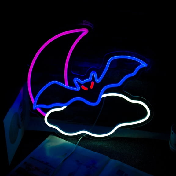 UPONRAY Cloud Bat Moon Neon Light Sign Halloween Neon Signs for Wall Decor Dimmable 5v USB Powered Bat Decorations for Halloween Party Kids Gift Room Windows Decor