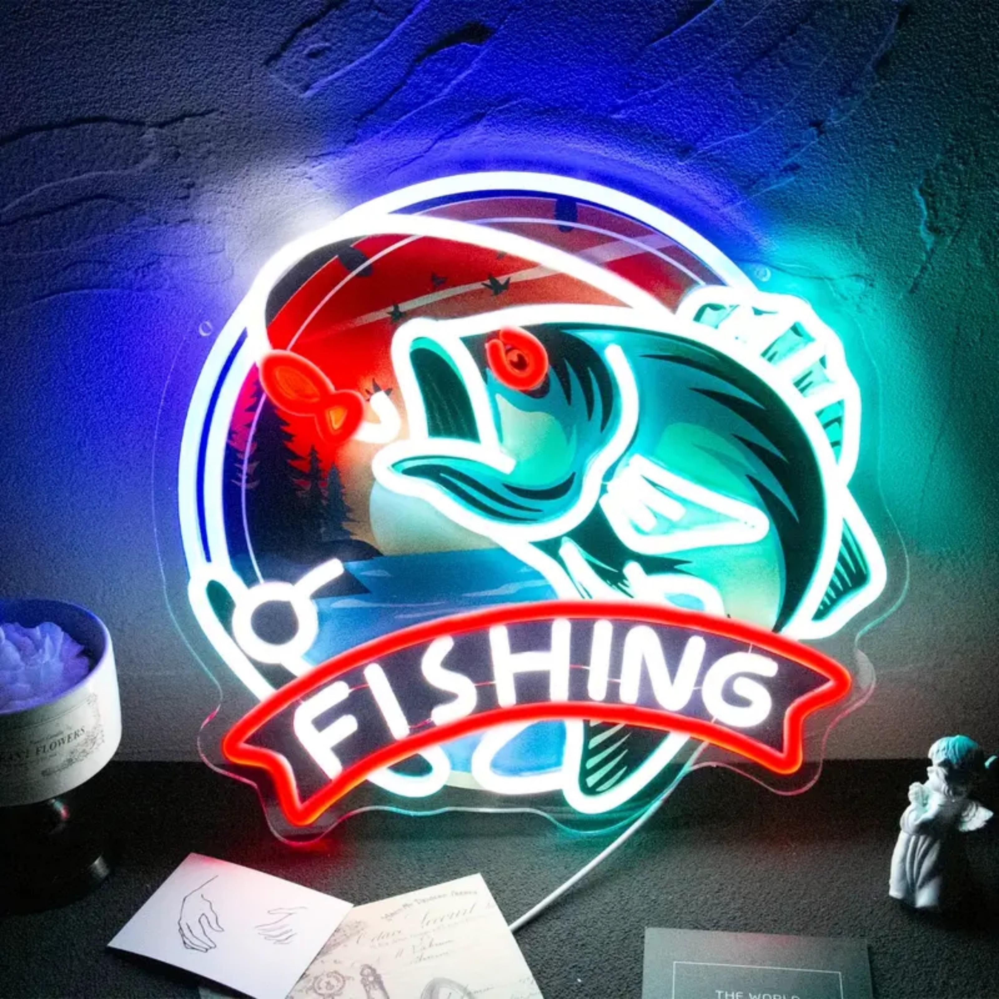 UPONRAY Fishing Neon Signs, 13.7"*12.9" Dimmable & USB-Powered LED Neon Light, Stylish Wall Decor for Home, Beach Bar, Natatorium, Swimming Pool, Fishing Pond