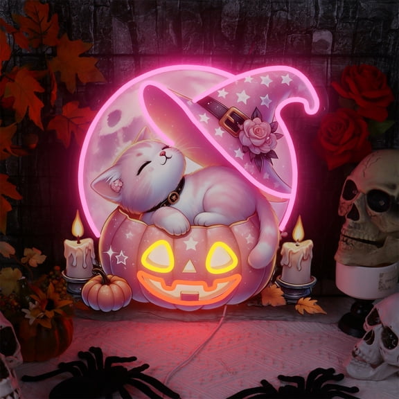 UPONRAY Halloween Witch Cat Pumpkin Neon Sign, 16.5x18 Inch Adjustable Brightness USB LED Neon Light, Indoor Wall Decor for Halloween Party Bedroom Kids Room