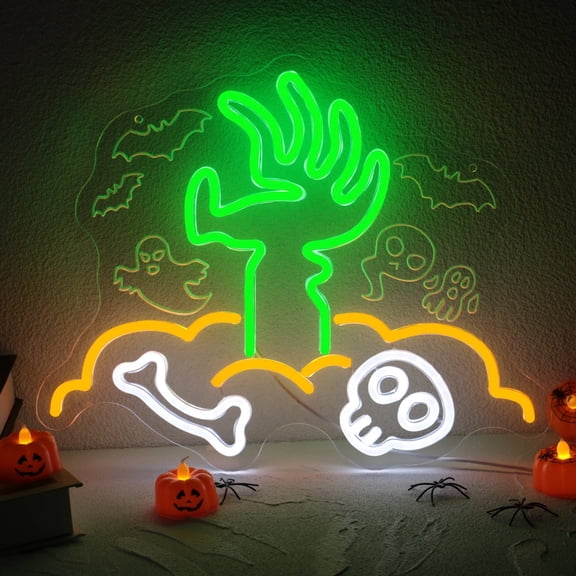 UPONRAY Halloween Zombie Hand Neon Sign 15.8 x 12.6 Inch - Spooky Green & White LED Neon Light, Dimmable USB Powered Decor, Halloween Party Bar Pub Wall Decor