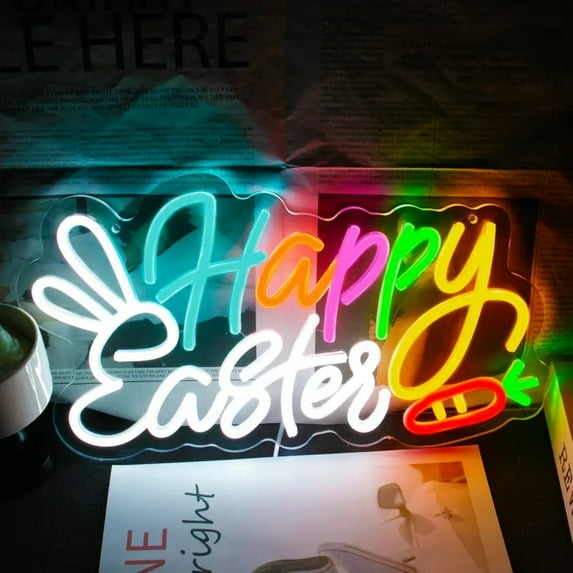 UPONRAY Happy Easter Neon Signs, 15.7"*8.6" Dimmable & USB-Powered LED Neon Light, Stylish Wall Decor for Easter Party, Home, Shop, Restaurant, Bar