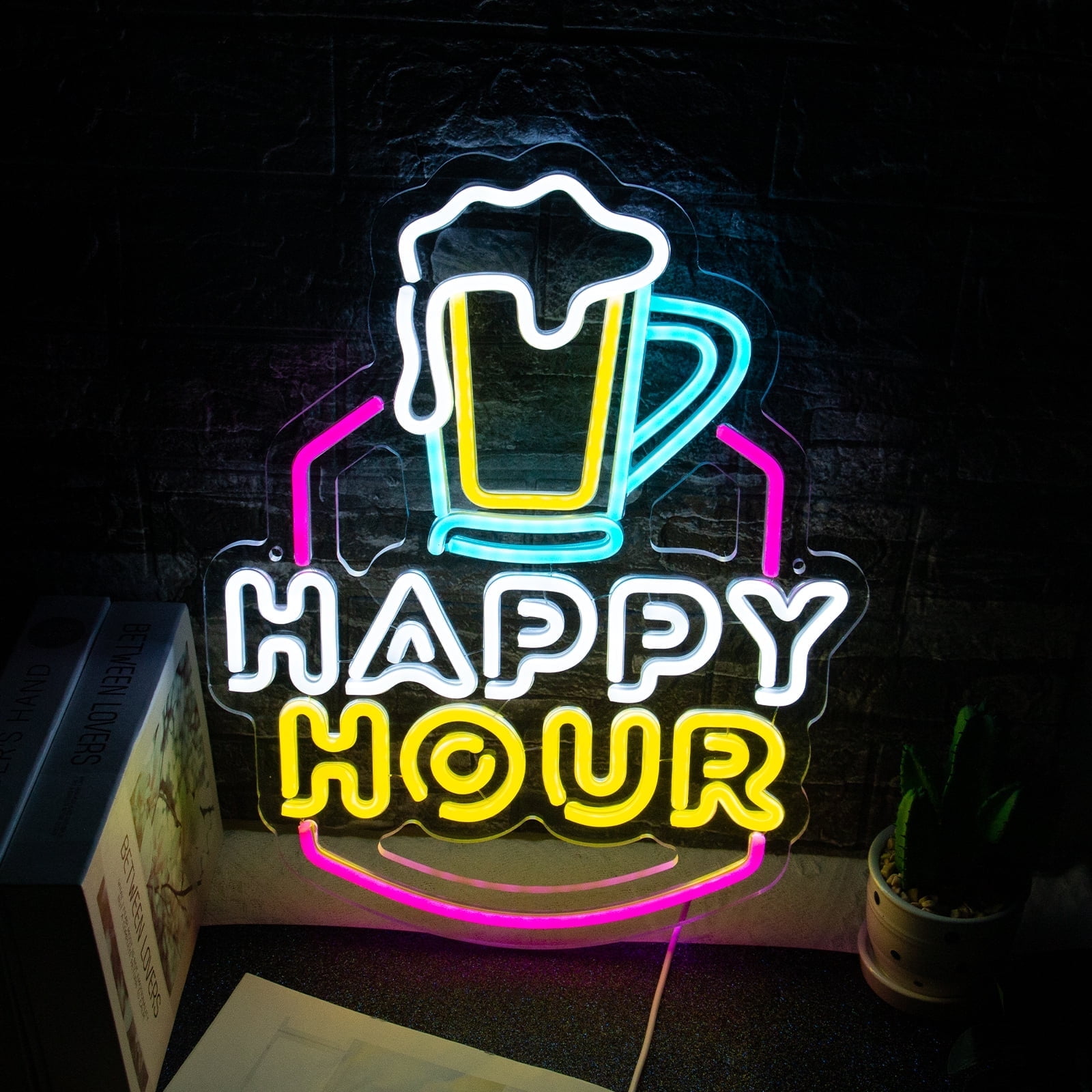 Happy Hour Neon Sign - Dimmable LED Cocktail Bar Sign For Home Wall Decor, 14.1x12.5 Inches, USB Powered