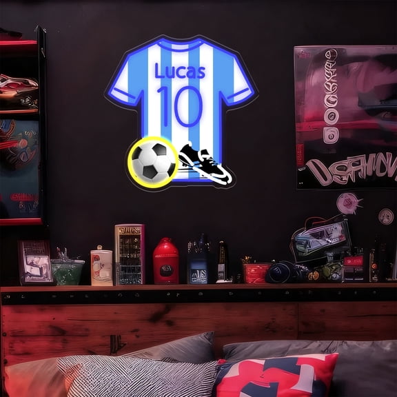 UPONRAY Jersey Custom Neon Signs with Soccer and Sneaker, Usb Powered with Adjustable Brightness Wall Decor for Gifts, Dark Blue, 16 inch
