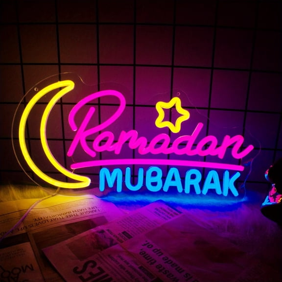UPONRAY Ramadan Mubarak Neon Signs, 16"*8" Dimmable & USB-Powered LED Neon Light, Stylish Wall Decor for Ramadan, Bed Room, Living Room, Party, Bar