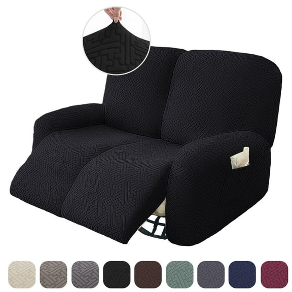 UPONRAY Stretch Recliner Slipcover, Stripe Jacquard Loveseat Couch Covers with Pockets Washable Furniture Protector for Dogs Cats(2 Seater,Black)