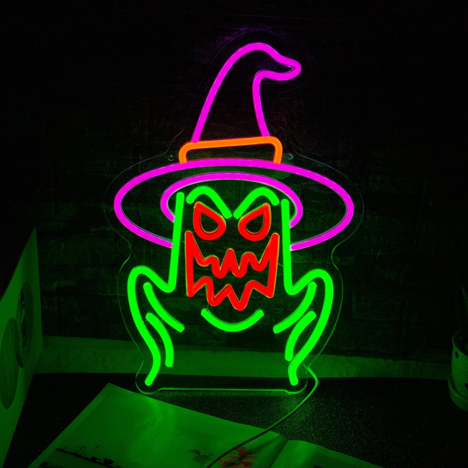 HFHungkeong Ghost Neon Sign LED Halloween Spooky Neon Light With Dimmable Switch And Hanging Chain,Halloween Desktop Fireplace Wall Decor Art Lights Gifts For Kids Friends Bedroom(Green - View #7