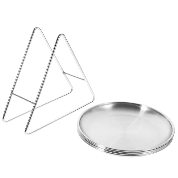 UPOUART Dining Events Stainless Steel Plates with Rack Silver 1 Set 4 Plates 1 Rack