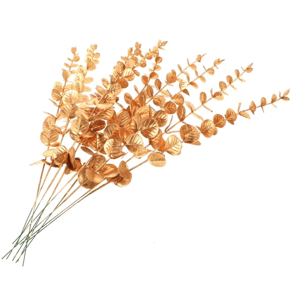 UPOUART 10-Pack Faux Eucalyptus Stems with Golden Plastic Leaves, Non-Fading Decorative Greenery for Party, Home, Wedding Events