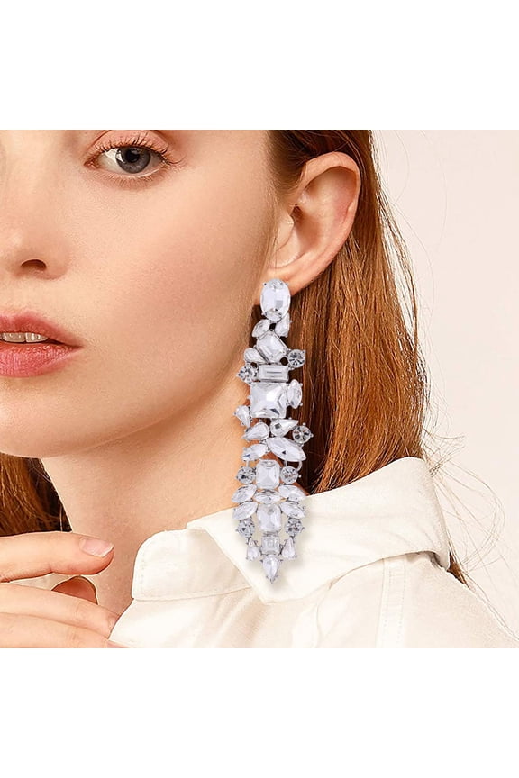 1Pair White Tassel Rhinestone Drop Earrings Statement Jewelry for Prom and Formal Events