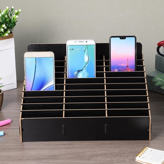 UPOUART Wooden Multi-Grid Cell Phone Organizer Holder in Black, Structure with Smooth Polished Finish for Desk Storage
