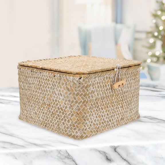 UPOUART 1Pcs Square Bamboo Woven Storage Box Lidded Basket White 6.9*6.9*4.3in Home Decor
