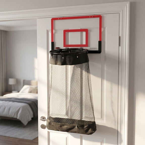 UPOUART Red Door Mounted Basketball Hoop Laundry Basket Space Saving Design