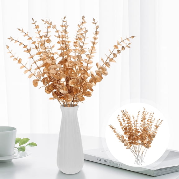 UPOUART 20 Pieces Golden Faux Eucalyptus Leaves for Elegant Home Decor, Wedding, Party, and Special Event Decorations