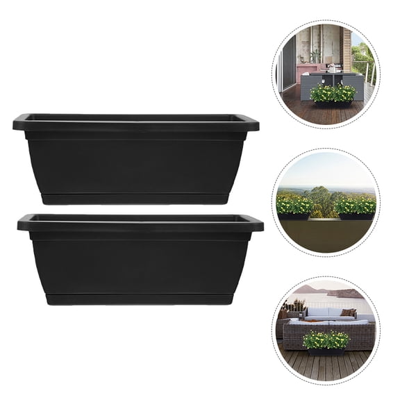 UPOUART 2Pcs Black Rectangular Plastic Planters for Outdoor Use with Water Spout and Raised Feet