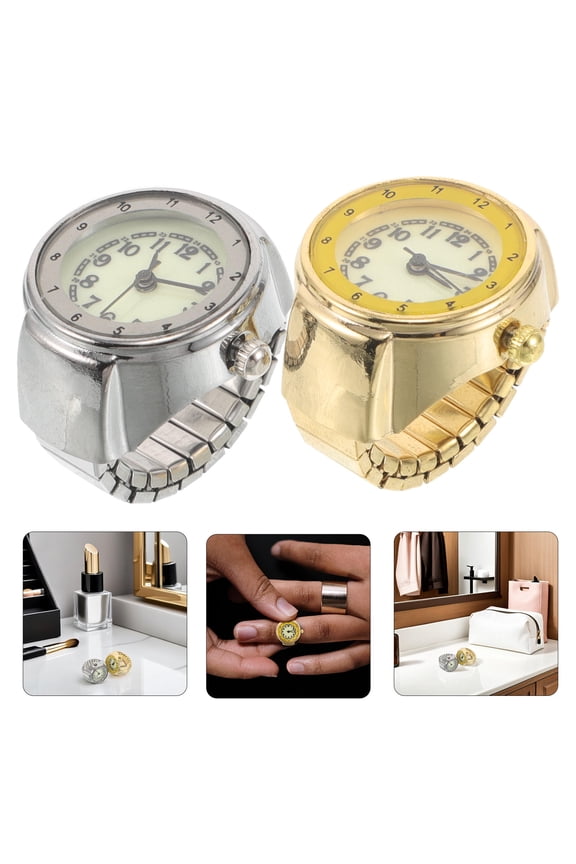 2Pcs Creative Finger Clock with Round Face and Elastic Stainless Steel Strap Unisex