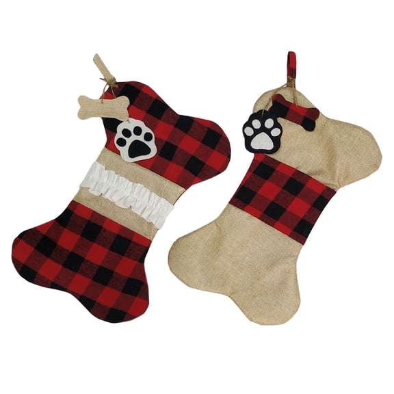 UPOUART Bone-Shape Christmas Socks present Bags Red Black Plaid 2Pcs 16.5x10.2in
