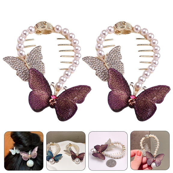 UPOUART 2Pcs Purple Rhinestone Hair Bun Holders Pearls Ponytail Cushions Stylish Durable Hair Accessories