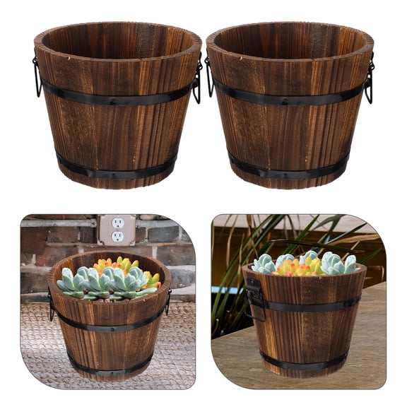 UPOUART Rustic Wooden Flower Pots Set of 2 Carbonized Coffee Finish for Balcony Decor