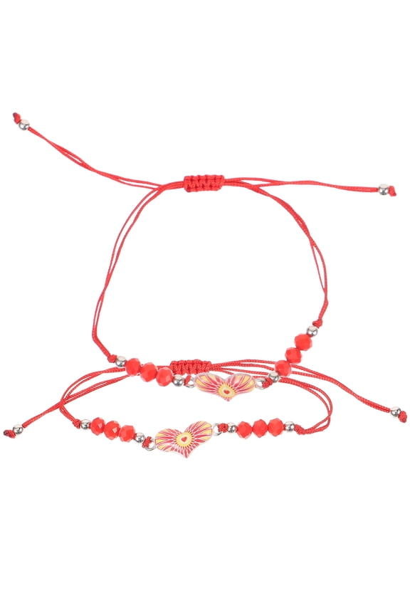 2Pcs Red Woven Evil Eye Bracelets Adjustable Beaded Wrist Decor for Unisex Fashion and Luck