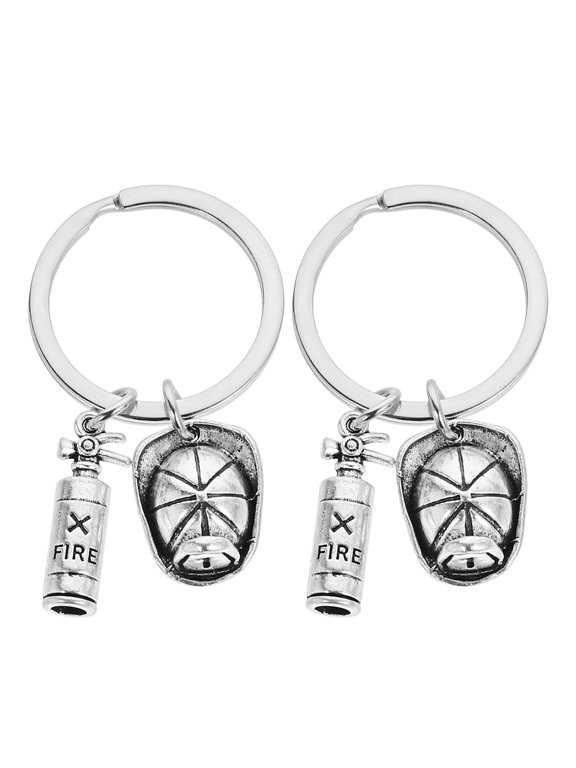 2Pcs Zinc Alloy Firefighter Keychains Plated Silver Fireman Backpack Ornaments with Unique Design